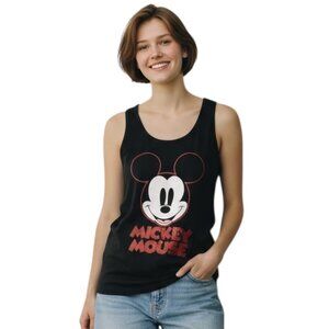 Disney NEW Mickey Mouse Black Graphic Tank Top Red Metallic Logo Stretch Size S